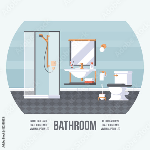 Bathroom Cover with Shower, Sink and Toilet. Vintage Retro Style with Flat Elements. Modern Trendy Design. Vector Illustration.