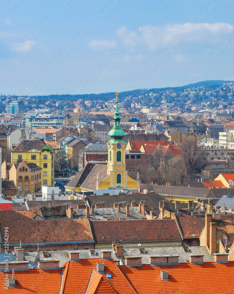 Aerial view of the rooftops of the old city of Budapest