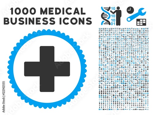 Plus icon with 1000 medical commerce gray and blue vector pictograms. Clipart style is flat bicolor symbols, white background.