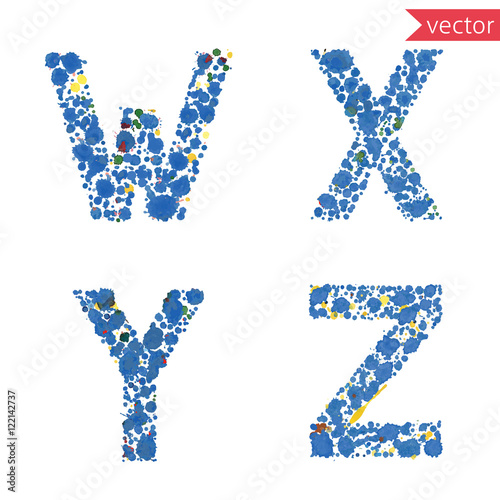 decorative letters W, X, Y, Z,  made from colorful drops and blots