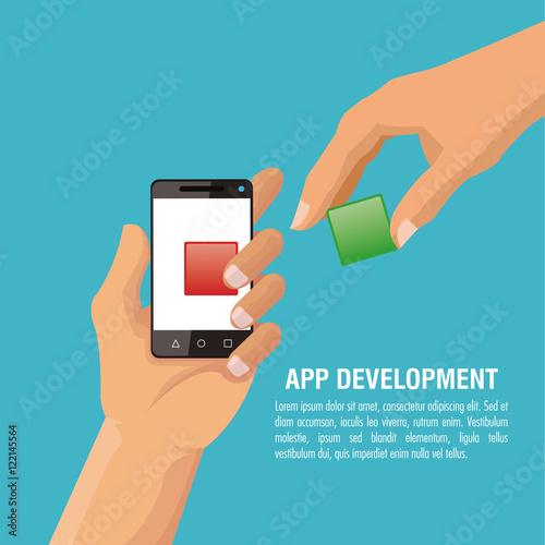 Human hand cubes and smartphone icon. App development and programming theme. Colorful design. Vector illustration