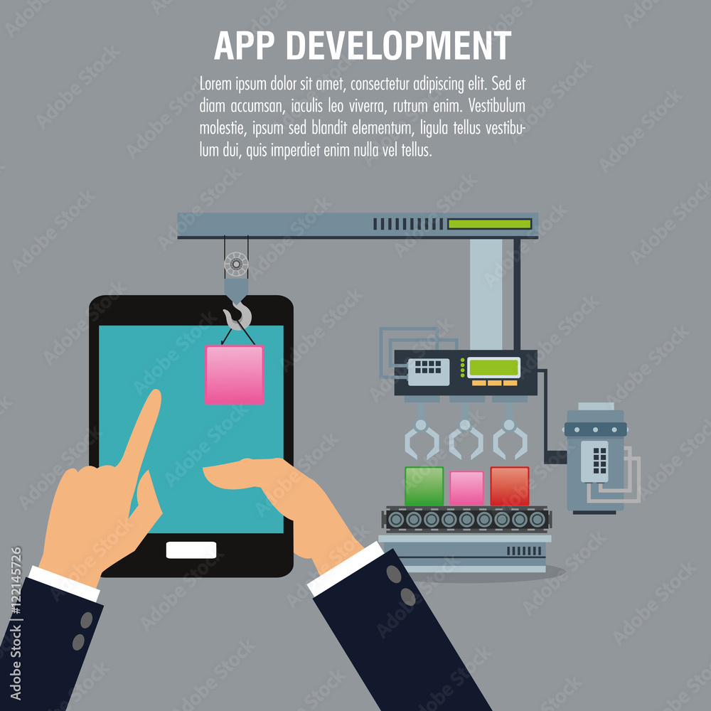 Human hand cubes and smartphone icon. App development and programming theme. Colorful design. Vector illustration Human hand cubes and smartphone icon. App development and programming theme. Colorful design. Vector illustration