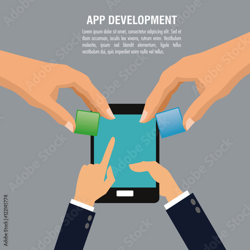 Human hand cubes and smartphone icon. App development and programming theme. Colorful design. Vector illustration