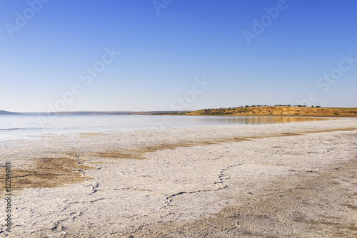 salt lake with a portion of white salt in the foreground. Sunny day  blue sky  far away on the other side of the horizon with trees.  