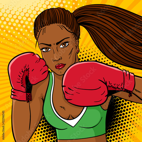Sexy aggressive woman boxer with dark skin in red boxing gloves ready to fight. Vector hand drawn colorful  background in pop art retro comic style.