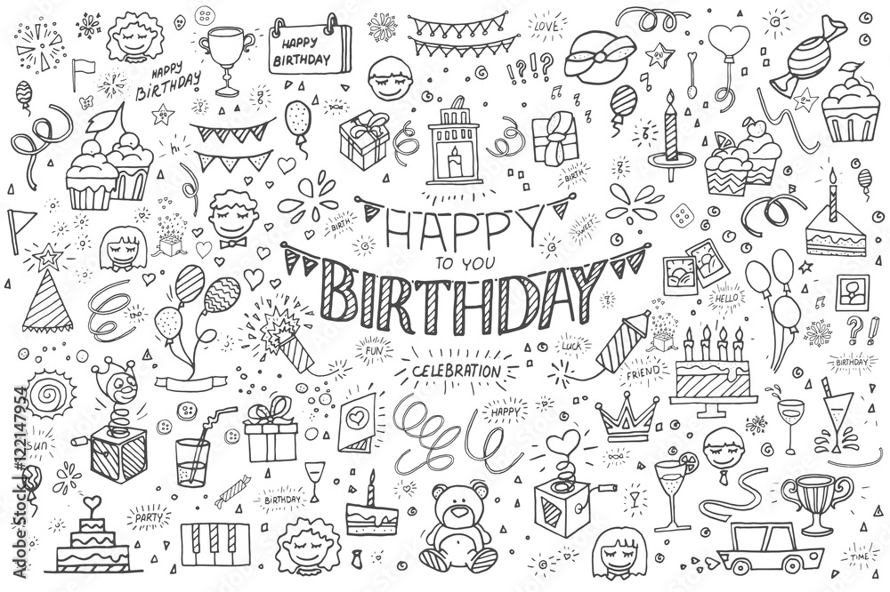 Happy birthday hand drawn vector illustration. Party and celebration design balloon, gifts, fireworks, ribbon, confetti, cake drinks