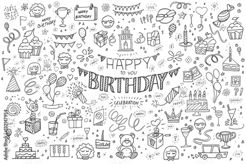 Happy birthday hand drawn vector illustration. Party and celebration design balloon  gifts  fireworks  ribbon  confetti  cake drinks