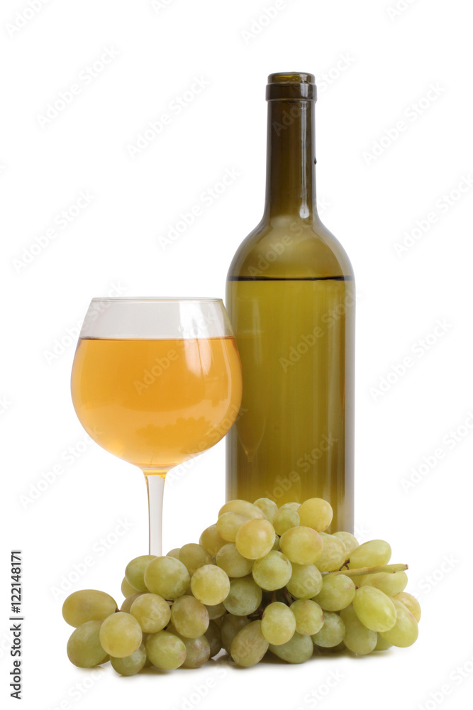 Bottle glass of wine and grapes on white background
