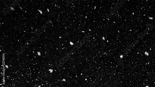Falling down in slow motion real snowflakes from left to right, calm snow, shot on black background, matte, wide angle, ed animation, isolated, perfect for digital composition