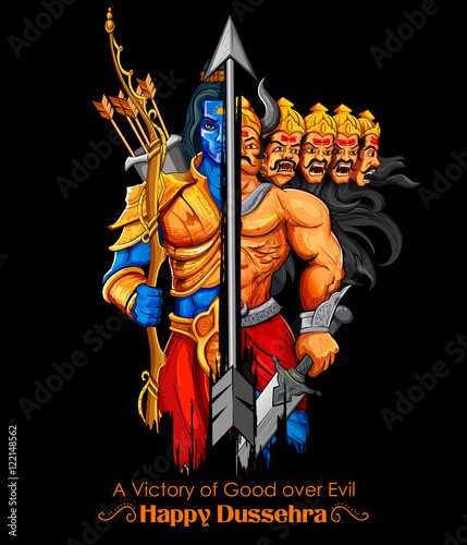 Lord Rama and Ravana in Dussehra Navratri festival of India poster