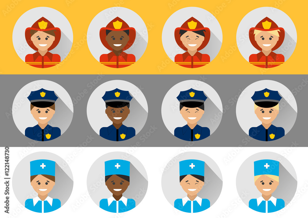 Set of people different nationalities police, fireman, doctor Set of people different nationalities police, fireman, doctor