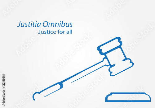 Justitia Omnibus is Justice for all in Latin. Justice hammer icon vector. Stylized judge gavel.