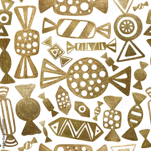 Gold candy illustration. Hand drawn abstract sweets. Seamless pattern. 