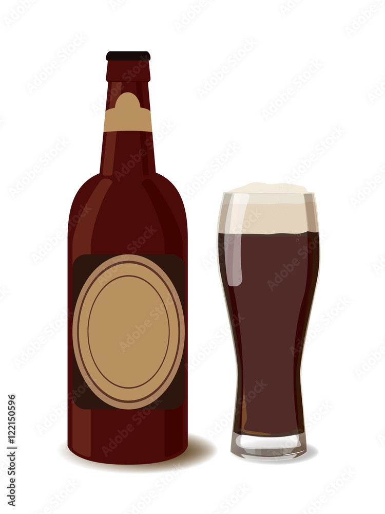 Dark beer bottle with a glass of beer. Vector illustration of beer, isolated. Oktoberfest Dark beer bottle with a glass of beer. Vector illustration of beer, isolated. Oktoberfest
