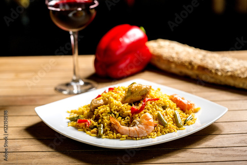 typical Spanish paella and shrimp
