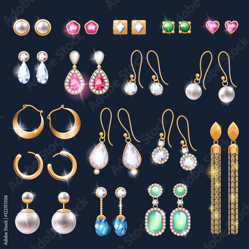 Photo Realistic earrings jewelry accessories icons set.