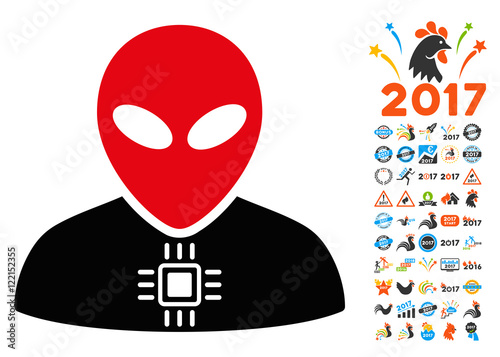 Alien Cyborg icon with 2017 year bonus vector design elements. Design style is flat symbols, white background.