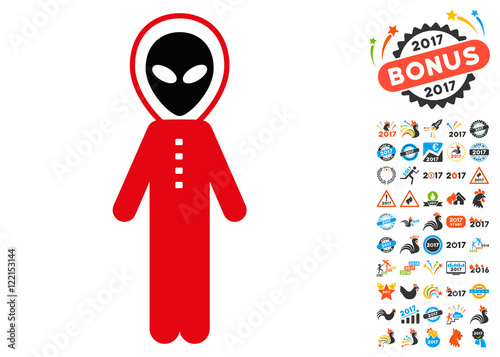 Alien Skafandr icon with 2017 year bonus vector pictograms. Design style is flat symbols, white background.
