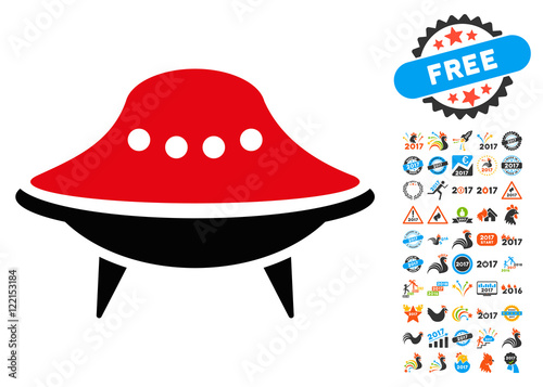 Alien Spaceship icon with 2017 year bonus vector design elements. Set style is flat symbols, white background.