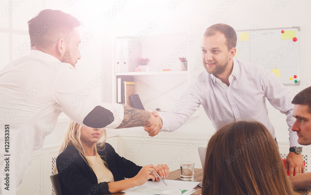 Obraz premium Business handshake at office meeting, contract conclusion and su