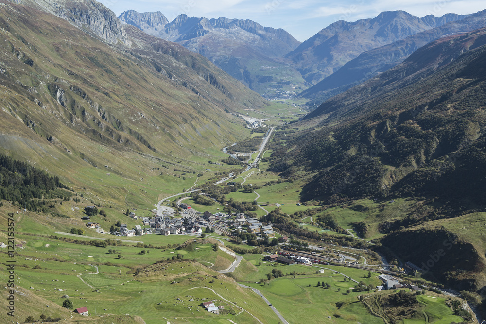Urserental, vom Furkapass aus gesehen, Uri, Schweiz