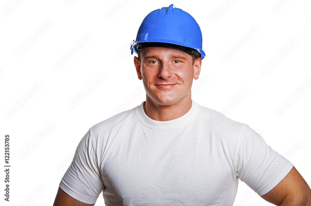 Portriat of man with helmet, worker white shirt. Portriat of man with helmet, worker white shirt.