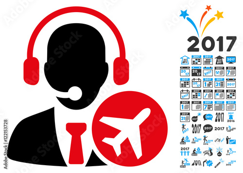 Dispatcher icon with 2017 year bonus vector design elements. Set style is flat symbols, white background.