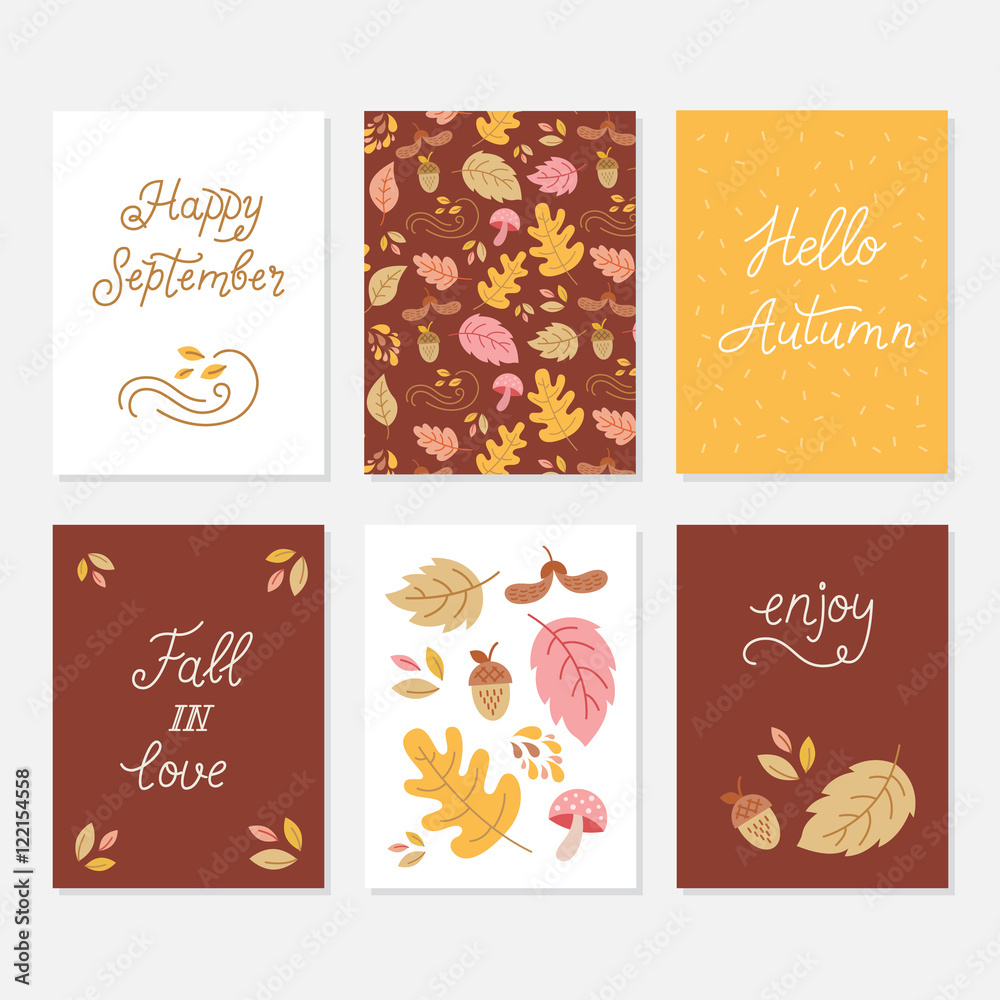 Vector set of greeting cards with autumn elements and lettering. Happy September, hello autumn, fall in love, enjoy - phrases set. Monoline calligraphy quote card collection.