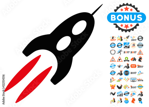 Starship icon with 2017 year bonus vector pictograms. Collection style is flat symbols, white background.