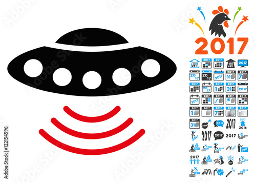 Ufo icon with 2017 year bonus vector design elements. Clipart style is flat symbols, white background.