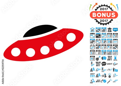 Visitors Spaceship icon with 2017 year bonus vector design elements. Set style is flat symbols, white background.