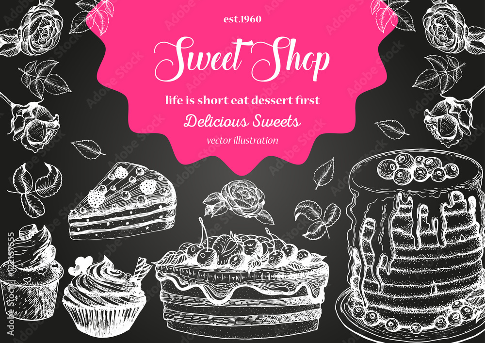Vector design with ink hand drawn cake, pie ice cream and wafers ...