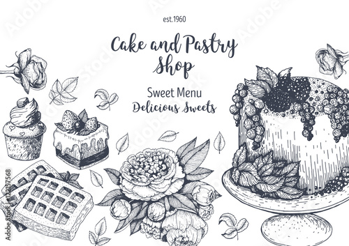 Vector design with ink hand drawn cake, pie ice cream and wafers. Vintage template for bakery menu or sweet home shop. Background with dessert sketch. Vector illustration in retro Linear style.
