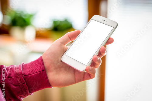 Man hand holding mobile smartphone. Bllank screen, isolated on blurred home interior.