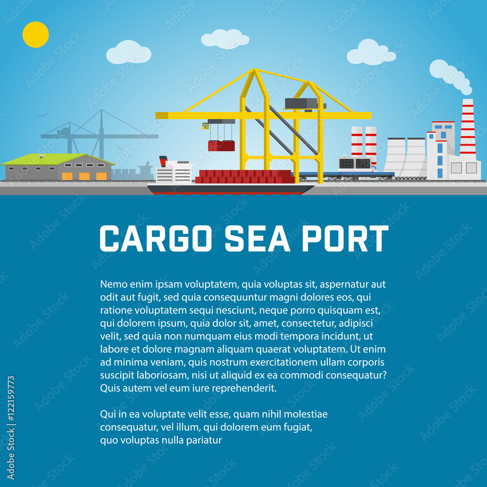 Naklejka premium Cargo Sea Port, Unloading of Containers from the Container Carrier, Cranes in Load Ship or Unload. Vector illustration.