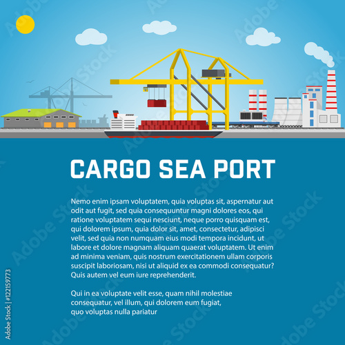 Cargo Sea Port, Unloading of  Containers from the Container Carrier, Cranes in  Load  Ship or Unload. Vector illustration.