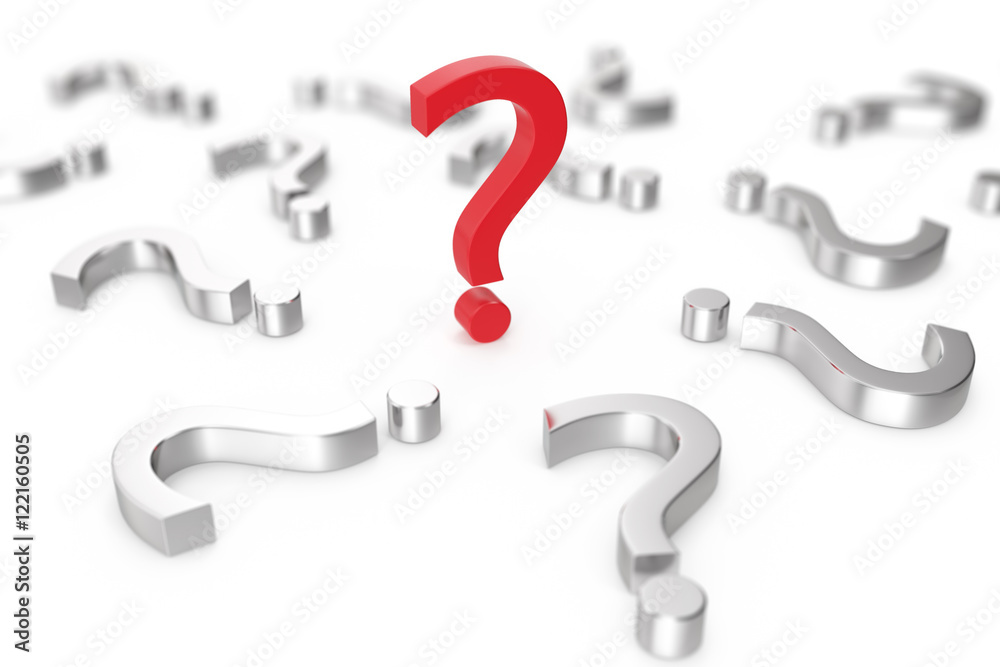 Chrome and red, metallic question marks on a white background with the effect depth of field. 3d rendering Chrome and red, metallic question marks on a white background with the effect depth of field. 3d rendering