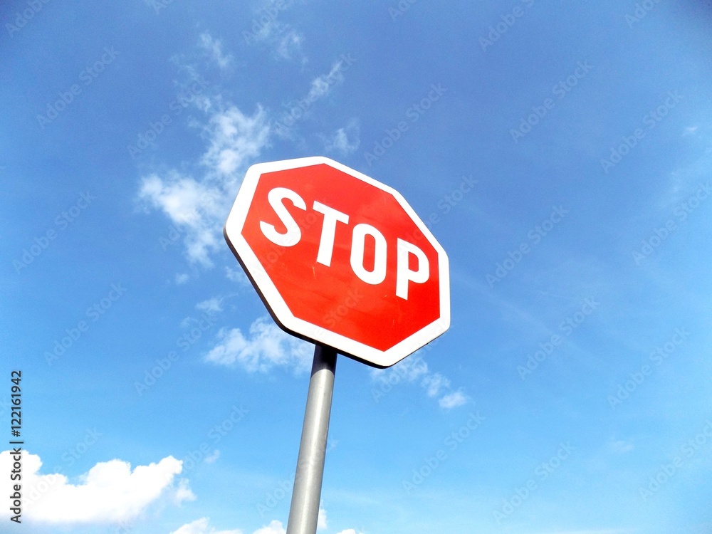 Stop roadsign near asphalt road in nature during sunny day