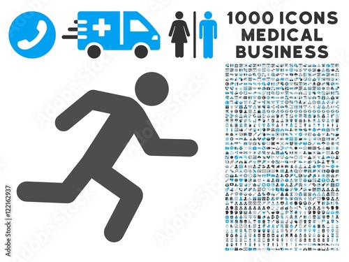 Running Man icon with 1000 medical business gray and blue vector pictographs. Clipart style is flat bicolor symbols, white background.