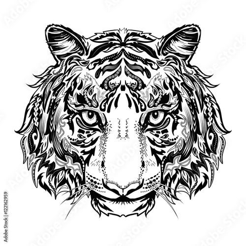 Fototapeta Naklejka Na Ścianę i Meble -  Tiger head black and white silhouette with ornament isolated on white. It can be used for printing on t-shirts or coloring books. 