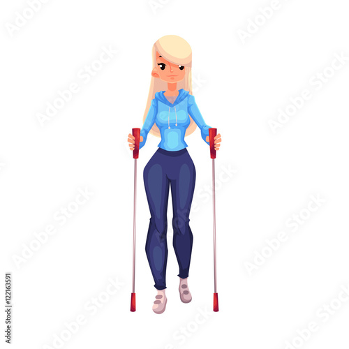 Female nordic walker, cartoon style vector illustration isolated on white background. Young woman going in for nordic walking, full height portrait, side view. Female Nordic walker in sports suit