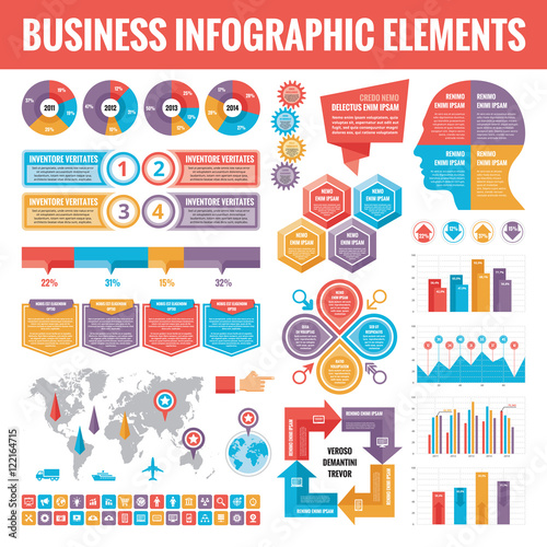 Big set of business infographic elements for presentation, brochure, web site and other projects. Abstract infographics templates in flat style design. Vector concept illustration and icons.