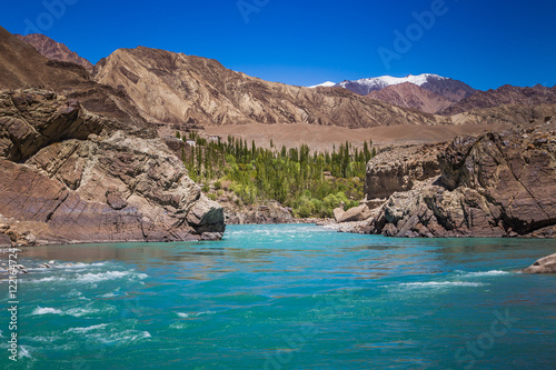 View of Indus River at Alchi village in summer time, India.