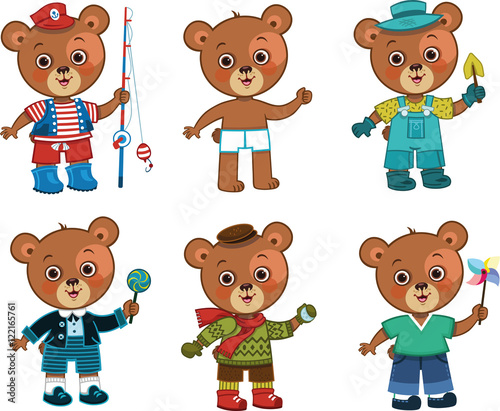 Cute paper doll bear boy with his different clothes. (Vector illustration)