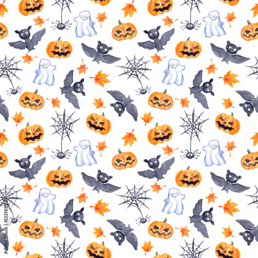 Halloween seamless pattern - pumpkin, bat, ghost, spider. Cute watercolor