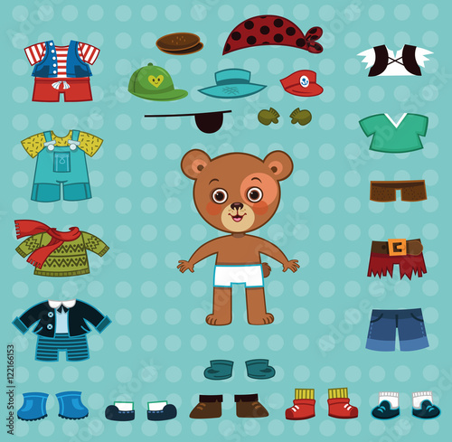 Vector bear boy with his costumes.For dress up, paper doll games.