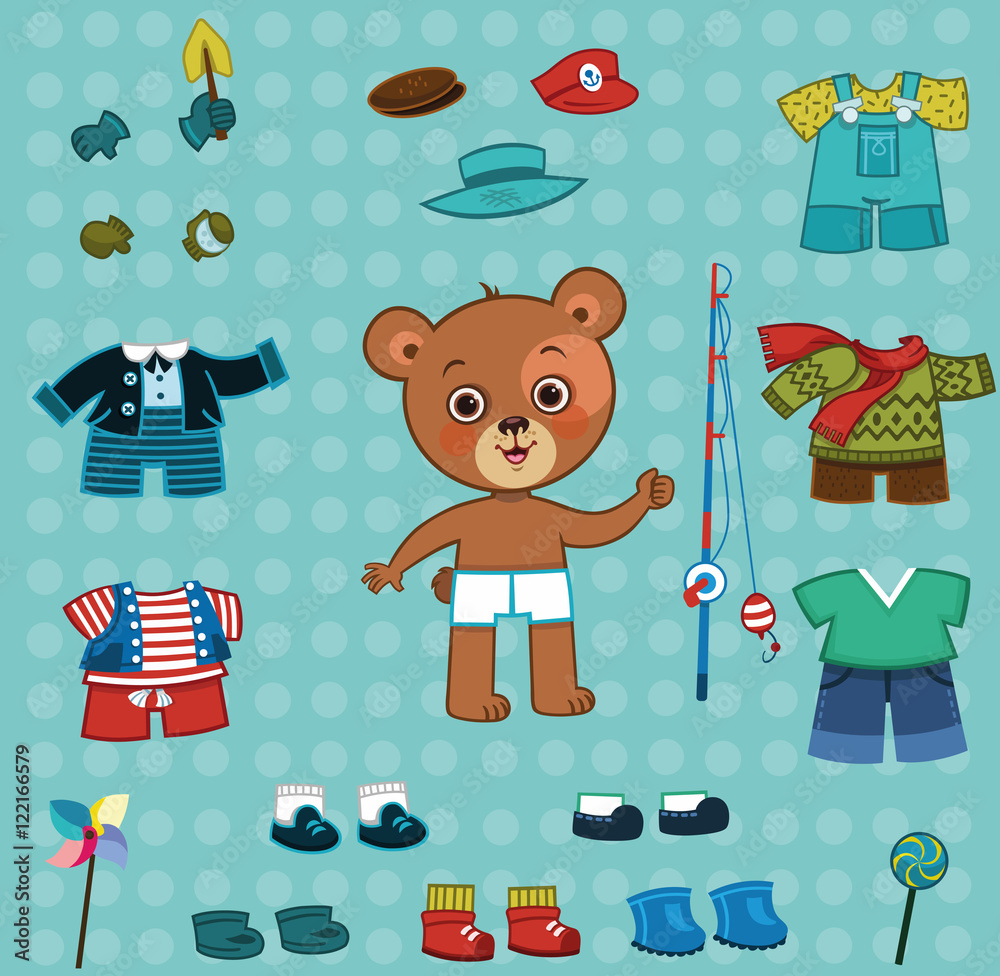 Naklejka premium Cute bear boy with his cloth set. For dress up,paper doll games. (Vector illustration)