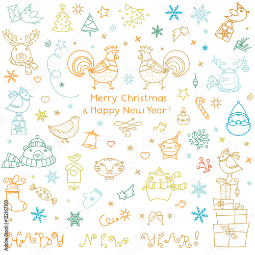 Christmas doodle icons collection. Winter symbols set. Happy New Year greeting hand lettering sign.