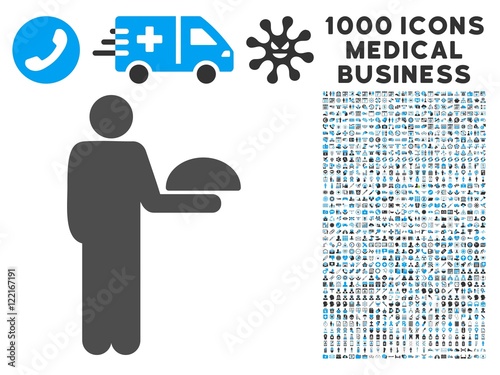 Standing Waiter icon with 1000 medical business gray and blue vector design elements. Set style is flat bicolor symbols, white background.