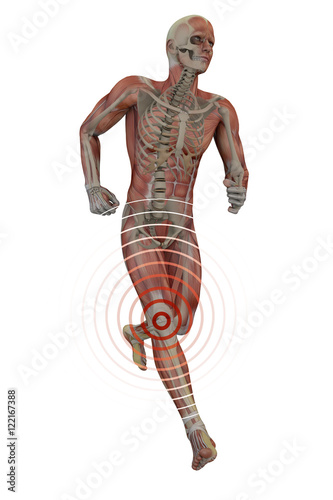 Uomo che corre con dolore al ginocchio, scheletro e muscoli